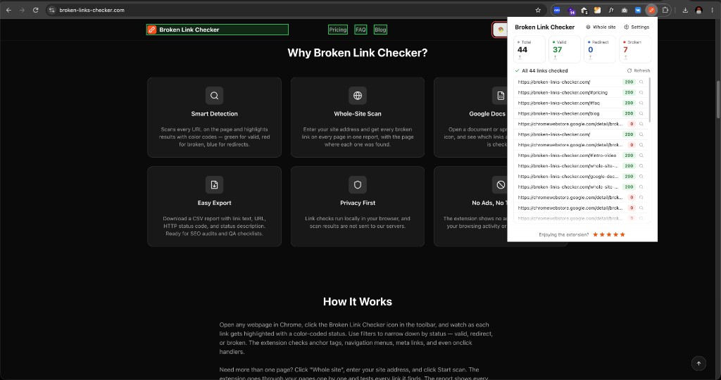 Broken Link Checker as a toolbar popup over the page